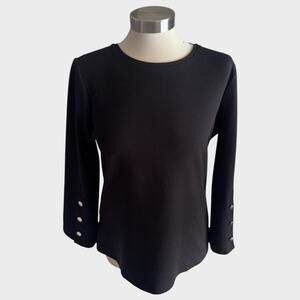 Ann Taylor Black Long-Sleeve Crewneck Top with Button Cuff Detail